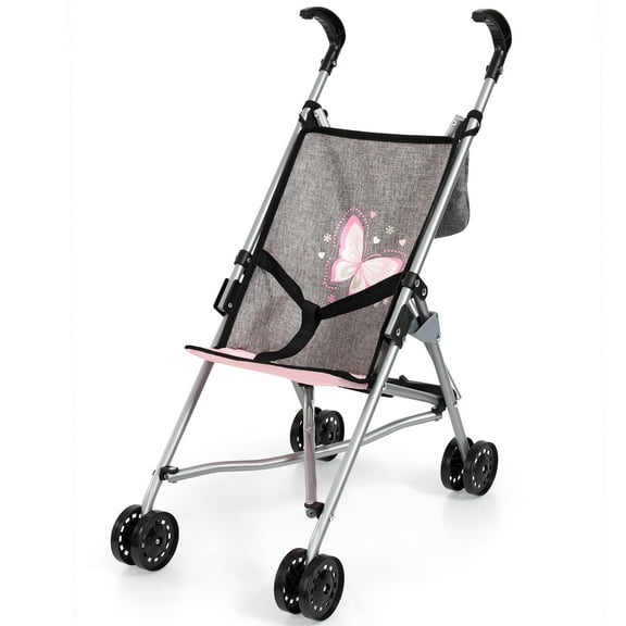 Bayer Design: Doll Buggy - Grey-Pink-Butterfly - Umbrella Push Stroller, Storage, Accessory For Dolls-Plushes Up To 18", Folding Toy,Toddler-Kid 18mo+