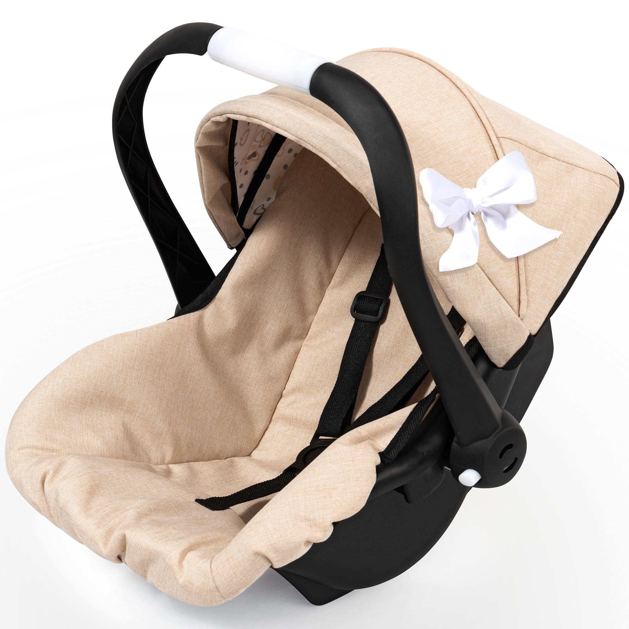 Bayer Design: Doll Deluxe Car Seat - Beige-Black-Hearts - Portable Carrier, Sunshade, Use As Rocker, Travel Play, Toy Accessory Fits 18" Dolls, Kid 3+