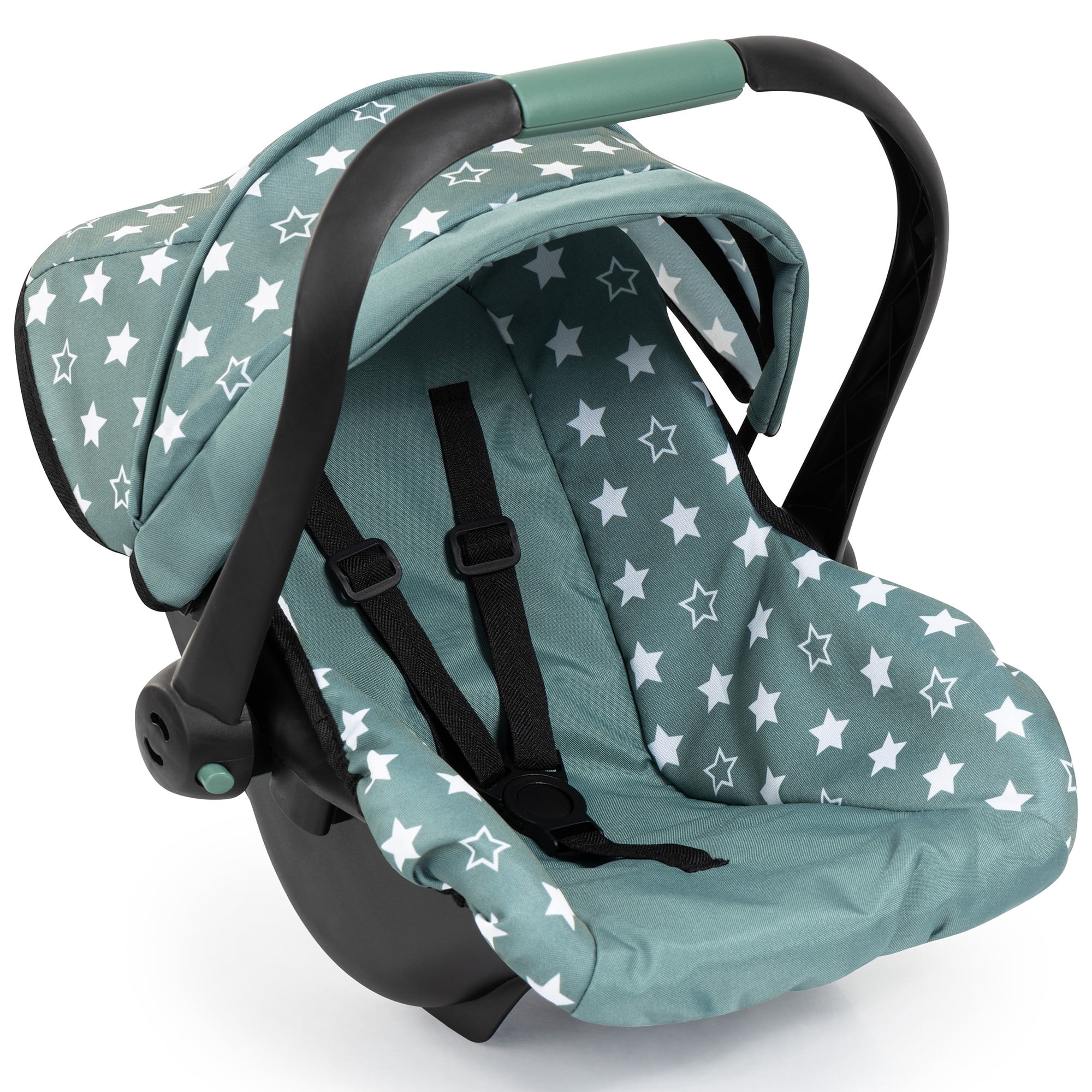 Bayer Design: Doll Deluxe Car Seat - Green-White-Star - Portable Travel Carrier For Dolls Up To 18", Sunshade & Carry Handle, Use As Rocker, Kid 3+