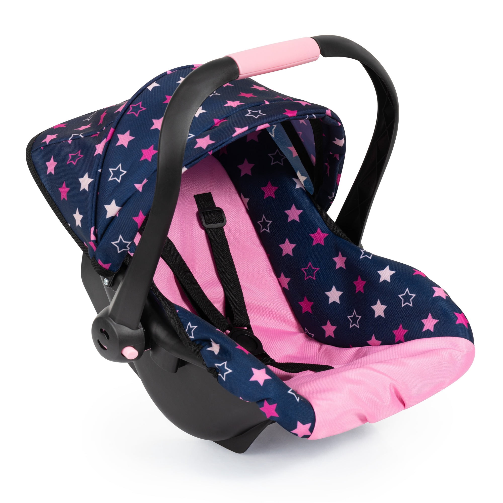 Bayer Design: Doll Deluxe Car Seat - Navy-Pink-Star - Portable Travel Carrier For Dolls Up To 18", Sunshade & Carry Handle, Use As Rocker, Kids 3+