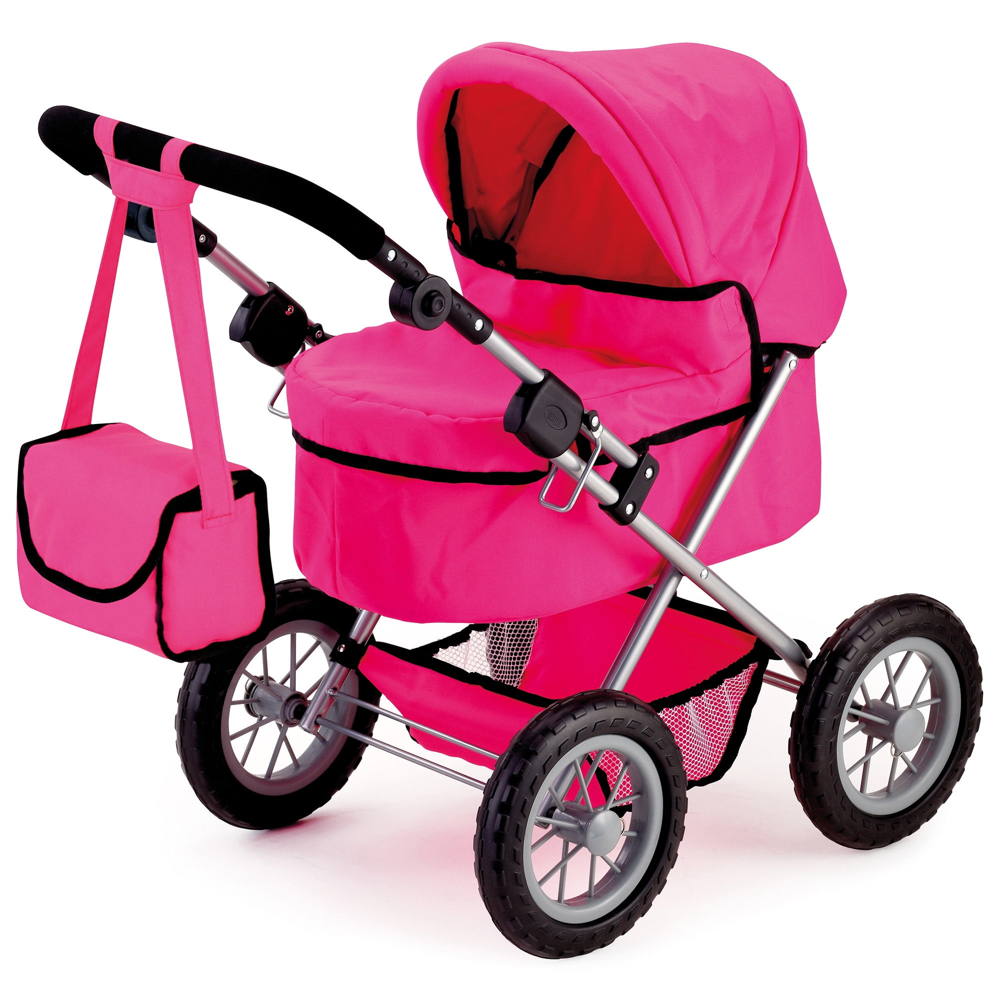 Hot Pink Adjustable Handle Doll Pram with Shoulder Bag