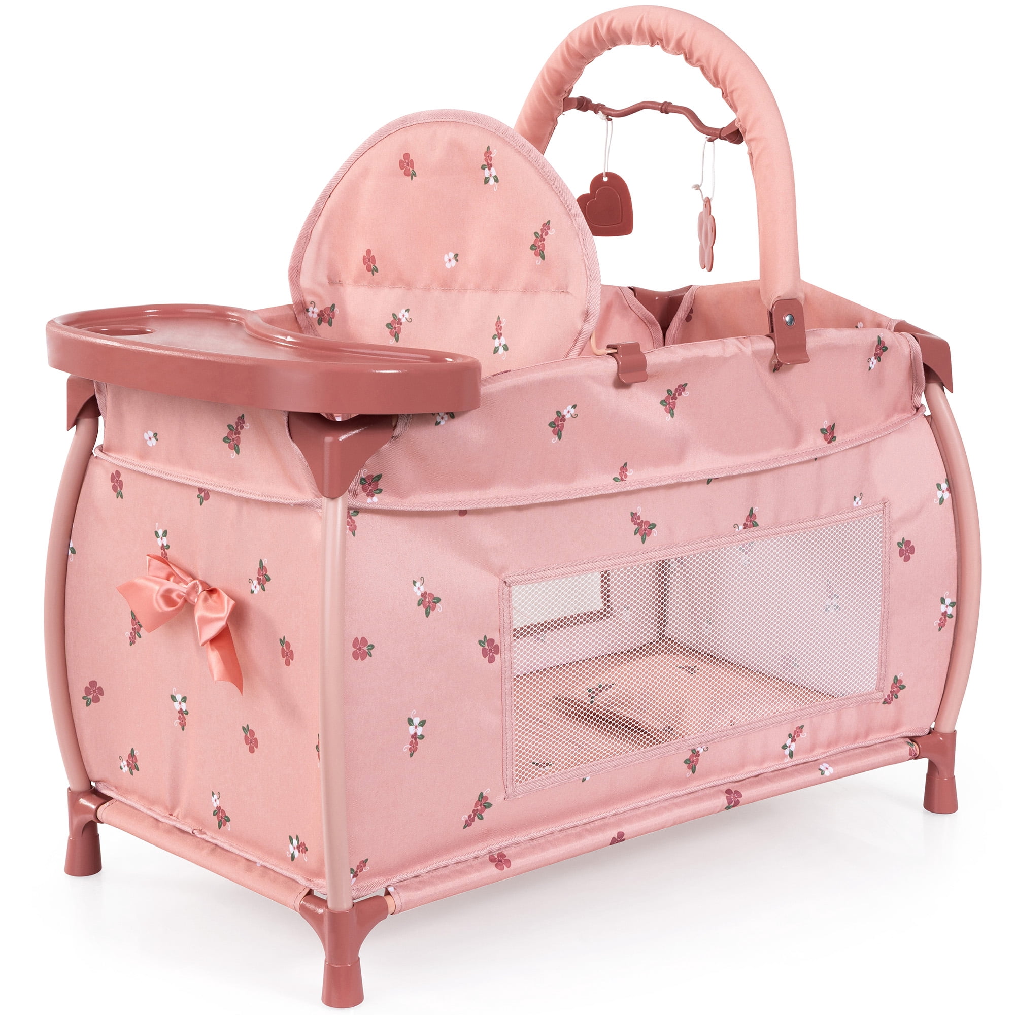 Bayer Design: Doll Multi-Bed - Pink & Flowers - Sleep Playpen, Built-In Feeding Highchair, Pillow-Blanket-Mobile, Care Center Fits 18" Dolls, Kids 3+