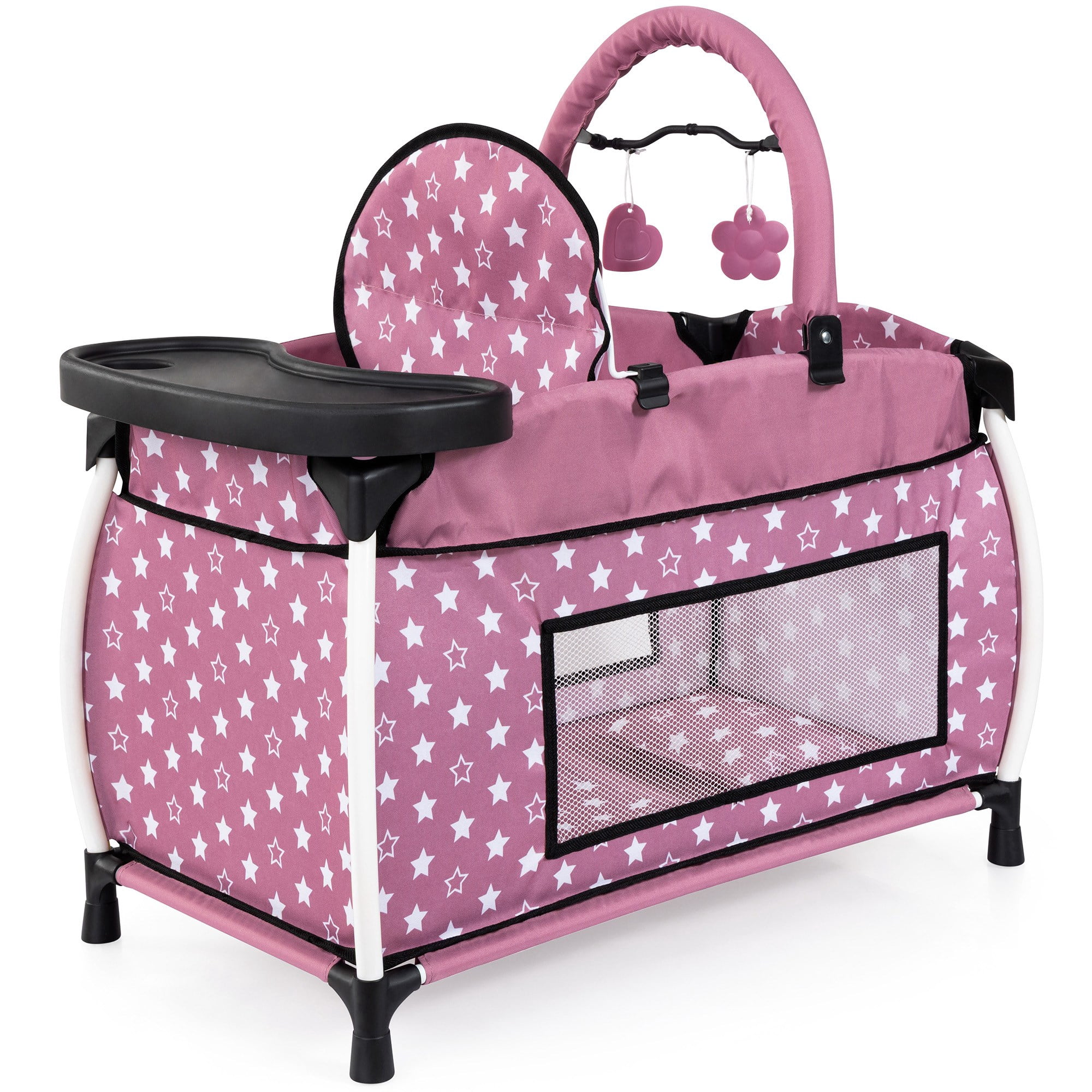 Bayer Design: Doll Multi-Bed - Pink & White Stars - Sleep Playpen, Built-In Feeding Highchair, Pillow-Blanket, Toy Care Center Fits 18" Dolls, Kids 3+
