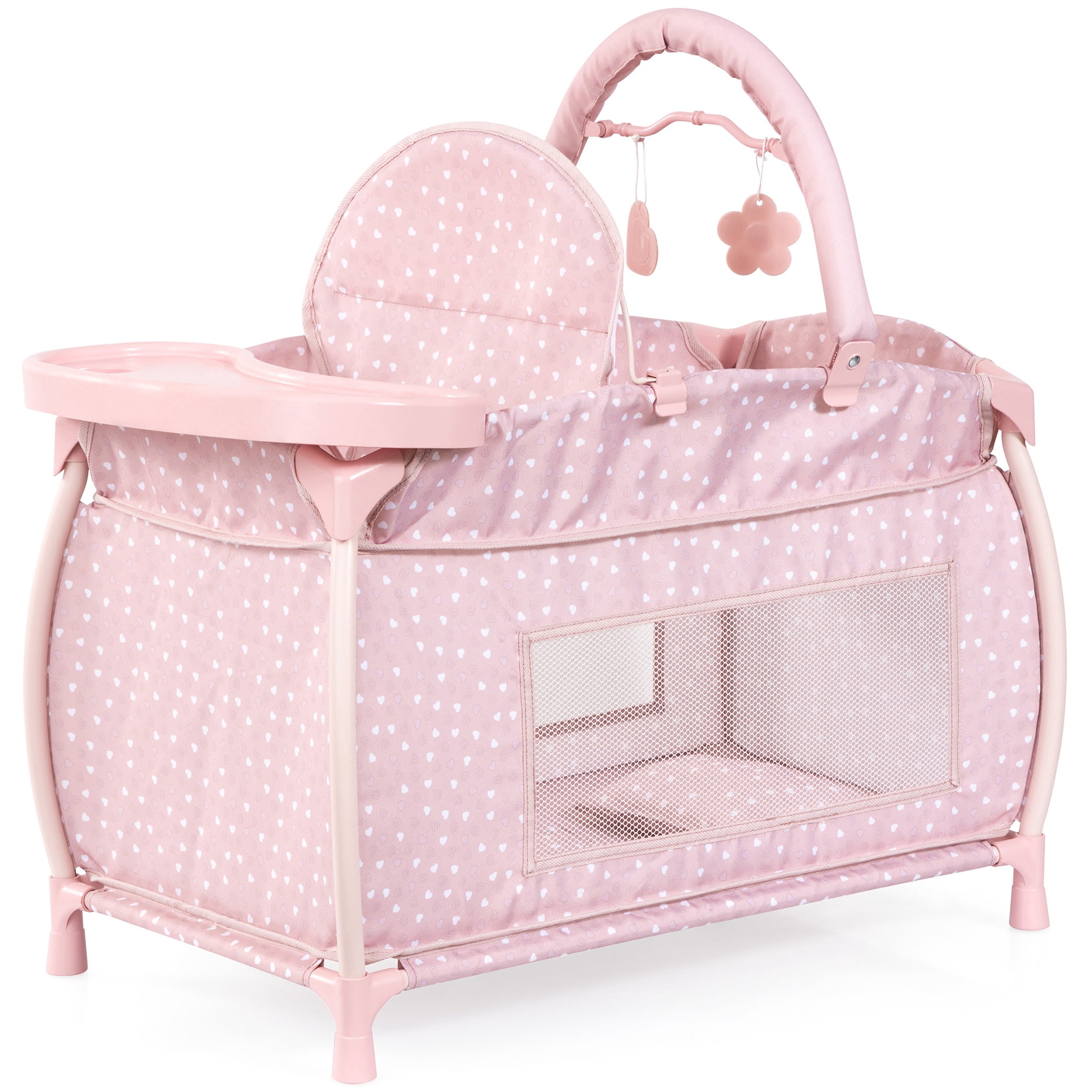 Bayer Design: Doll Multi-Bed - Soft Pink & Polka Dot - Sleep Playpen, Built-In Feeding Highchair, Pillow-Blanket, Care Center Fits 18" Dolls, Kids 3+