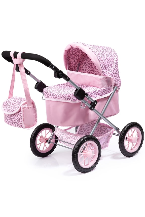Doll Pink Trendy Pram W/ Shoulder Bag, Adjustable Handle, Shopping Basket, Easy to Fold, Children Ages 3+
