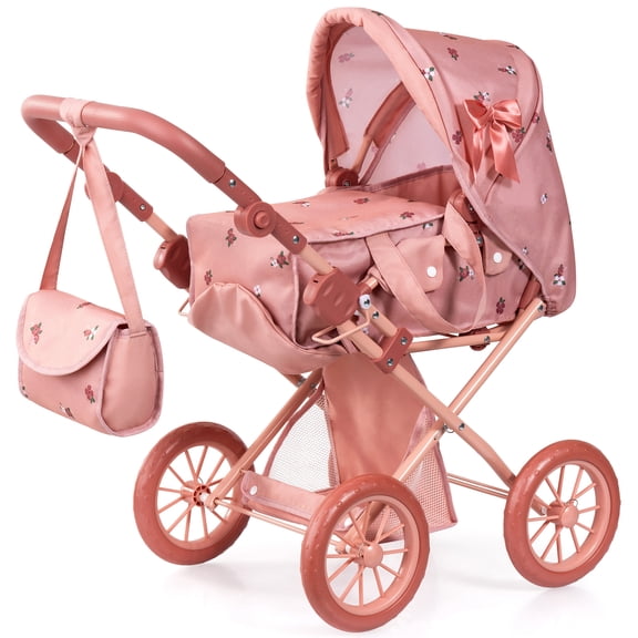 Bayer Design: Doll Pram City Star - Pink & Flowers - 2-In-1 Adjustable Pushchair & Stroller, Removable Carrycot, Handbag, Toy Fits 18" Dolls, Kids 3+