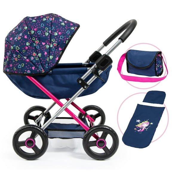 Bayer Design Doll Pram Cosy - Blue/Pink Hearts - Includes Blanket & Shoulder Bag, Dolls up to 18", Ages 3+