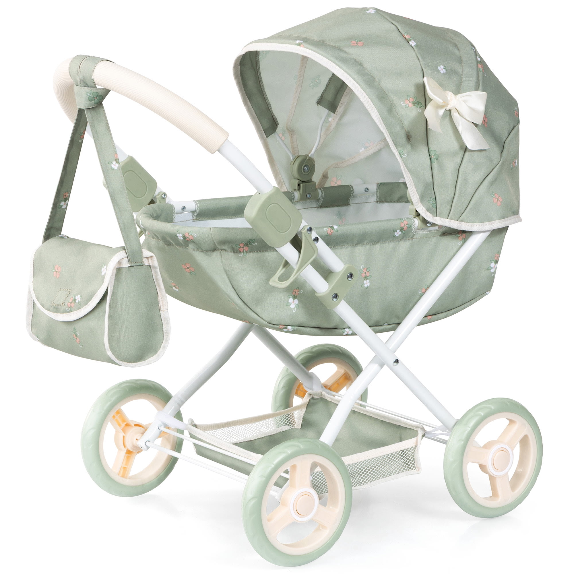 Bayer Design: Doll Pram Cosy - Green & Flowers - Play Push Stroller, Handbag, Blanket & Pillow, Folding, Toy Care Accessory Fits 18" Dolls, Kids 3+