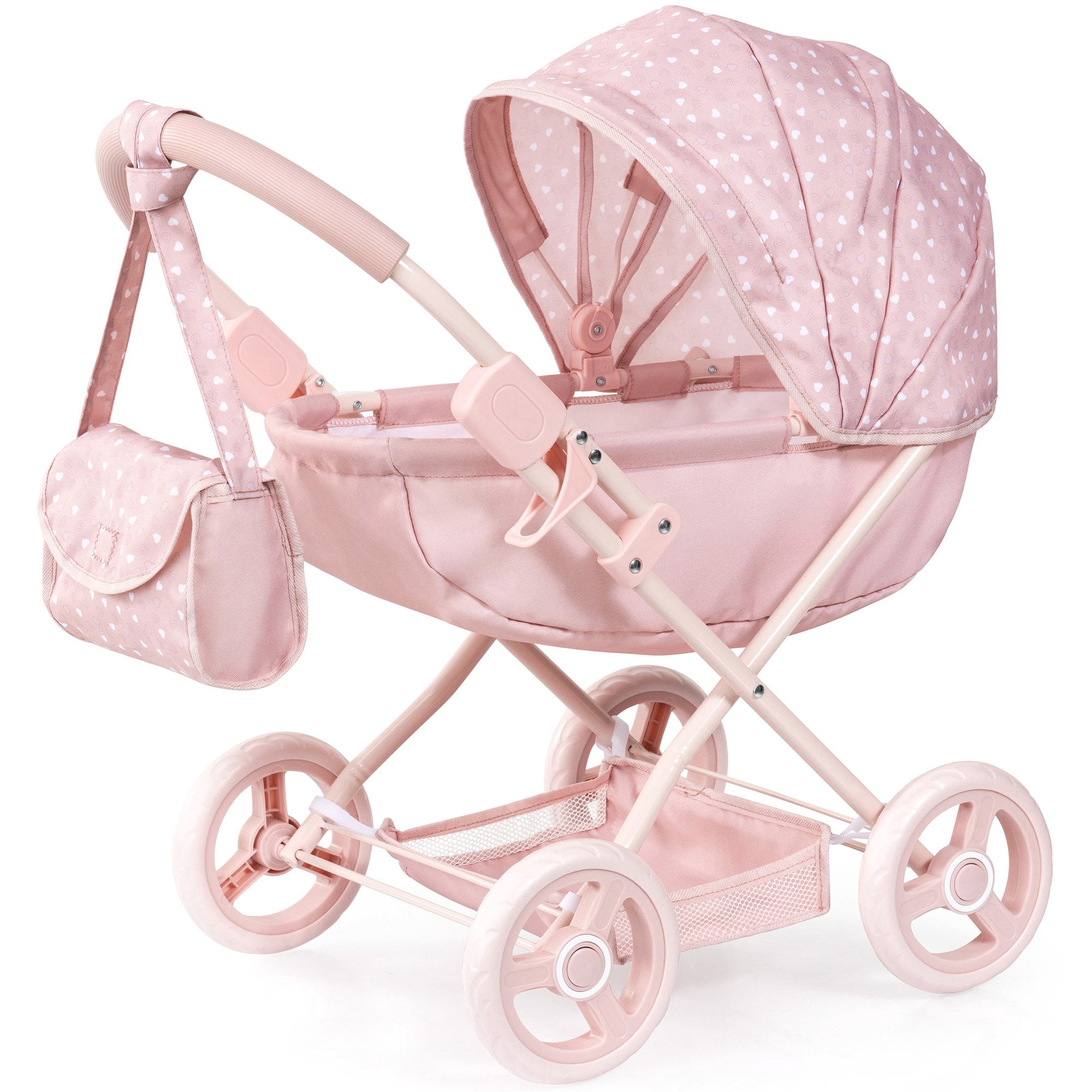 Bayer Design: Doll Pram Cosy - Soft Pink & Polka Dot - Play Push Stroller, Handbag, Blanket & Pillow, Folding, Toy Accessory Fits 18" Dolls, Kids 3+