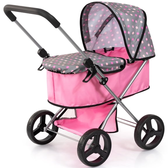 Bayer Design: Doll Pram Go - Pink-Grey-Polka Dot - Carrycot Cover, Shopping Basket, Foldable Toy, Play Stroller Accessory For Dolls Up To 18", Kids 3+