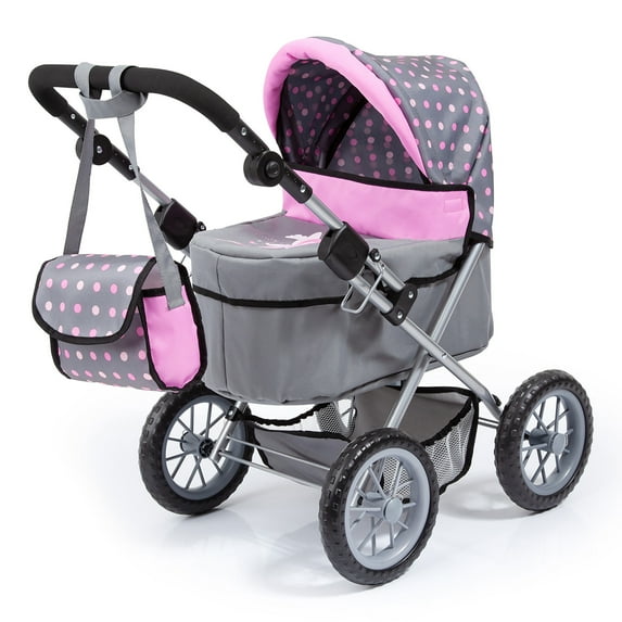 Bayer Design Doll Pram Grey/Pink Adjustable Handle Shopping Basket Ages 3