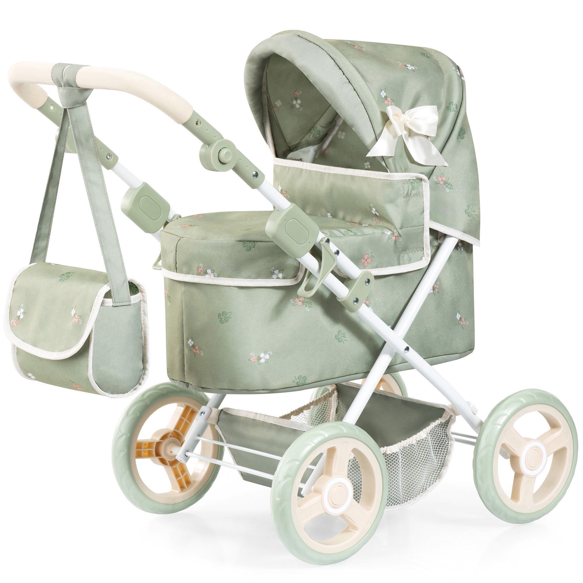 Bayer Design: Doll Pram Trendy - Green & Flowers - Play Push Stroller, Handbag, Adjustable Handle, Foldable, Toy Care Accessory Fits 18" Dolls, Kid 3+