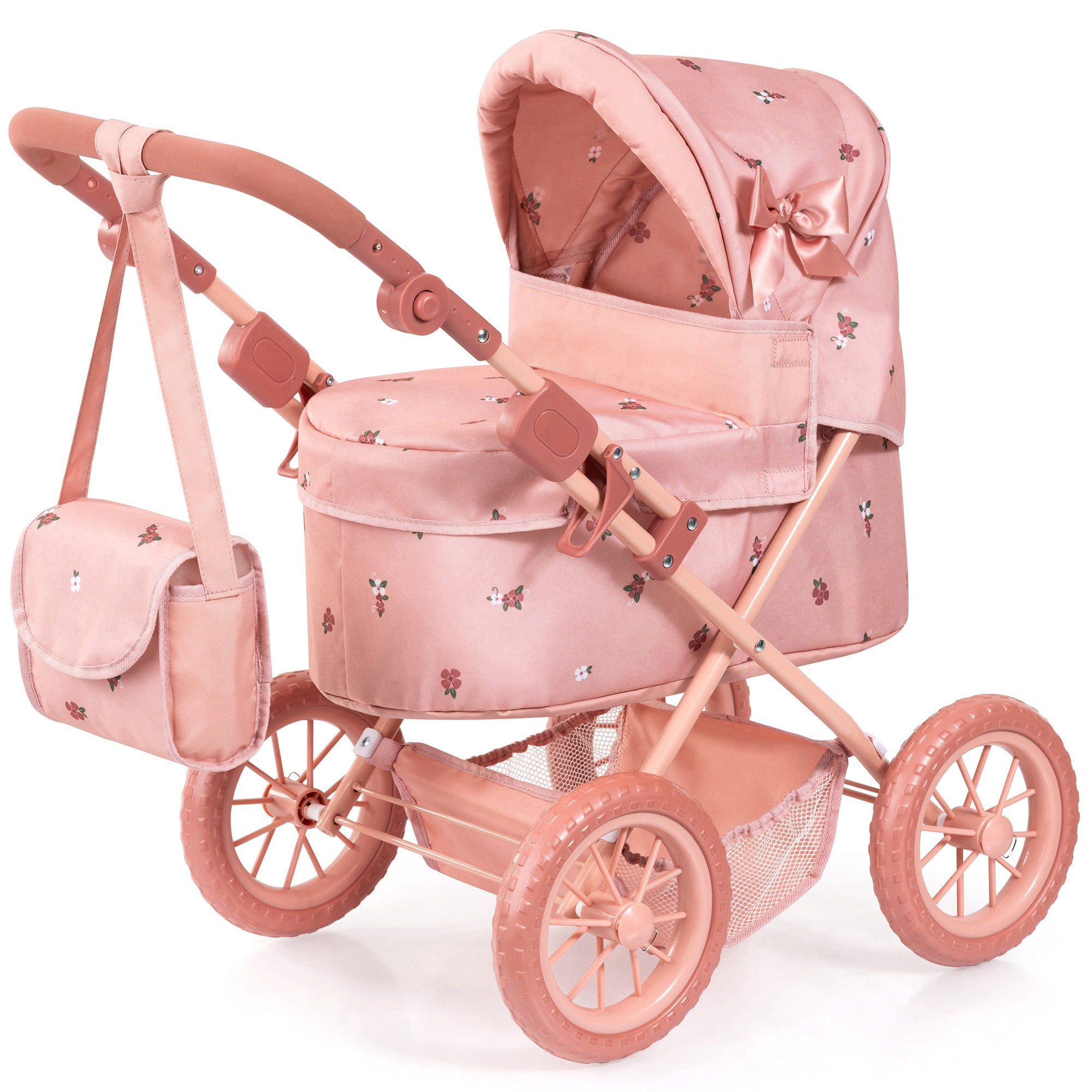 Bayer Design: Doll Pram Trendy - Pink & Flowers - Play Push Stroller, Handbag, Adjustable Handle, Foldable, Toy Care Accessory Fits 18" Dolls, Kids 3+
