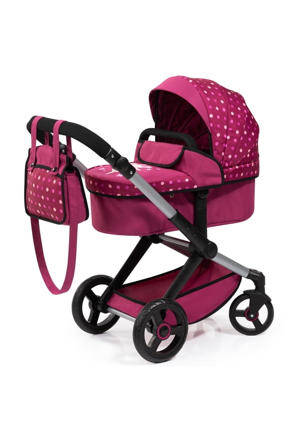 : Doll Pram Xeo - Bordeaux-White-Fairy - 2-In-1 Pushchair & Stroller, Adjustable Handle, Handbag, Accessory For Dolls Up To 18", Kid 3+