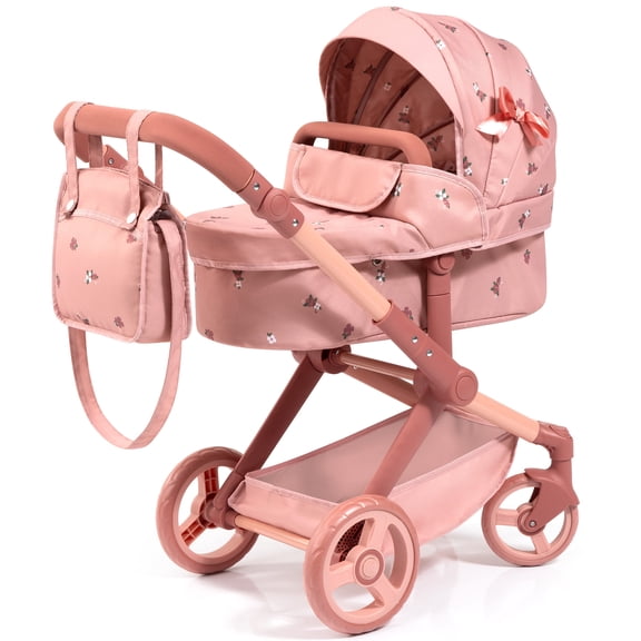 Bayer Design: Doll Pram Xeo - Coral Pink Floral - 2-In-1 Pushchair & Stroller, Adjustable Handle, Swivel Wheels, Handbag, Dolls Up To 18", Kids 3+