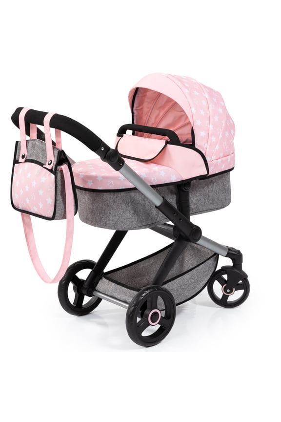 : Doll Pram Xeo - Soft Pink-Grey-Stars - 2-In-1 Pushchair & Stroller, Adjustable Handle, Swivel Wheels, Handbag, Dolls Up To 18", Kids 3+