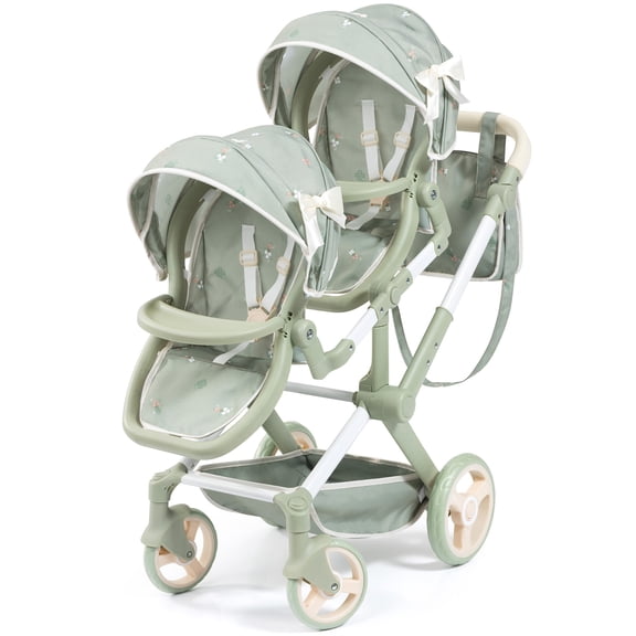 Bayer Design: Doll Pram Xeo Twin - Green & Flowers - Push Stroller, Adjustable Seats & Handle, Foldable, Handbag, Toy Seats 2 Dolls Up To 18", Kids 3+
