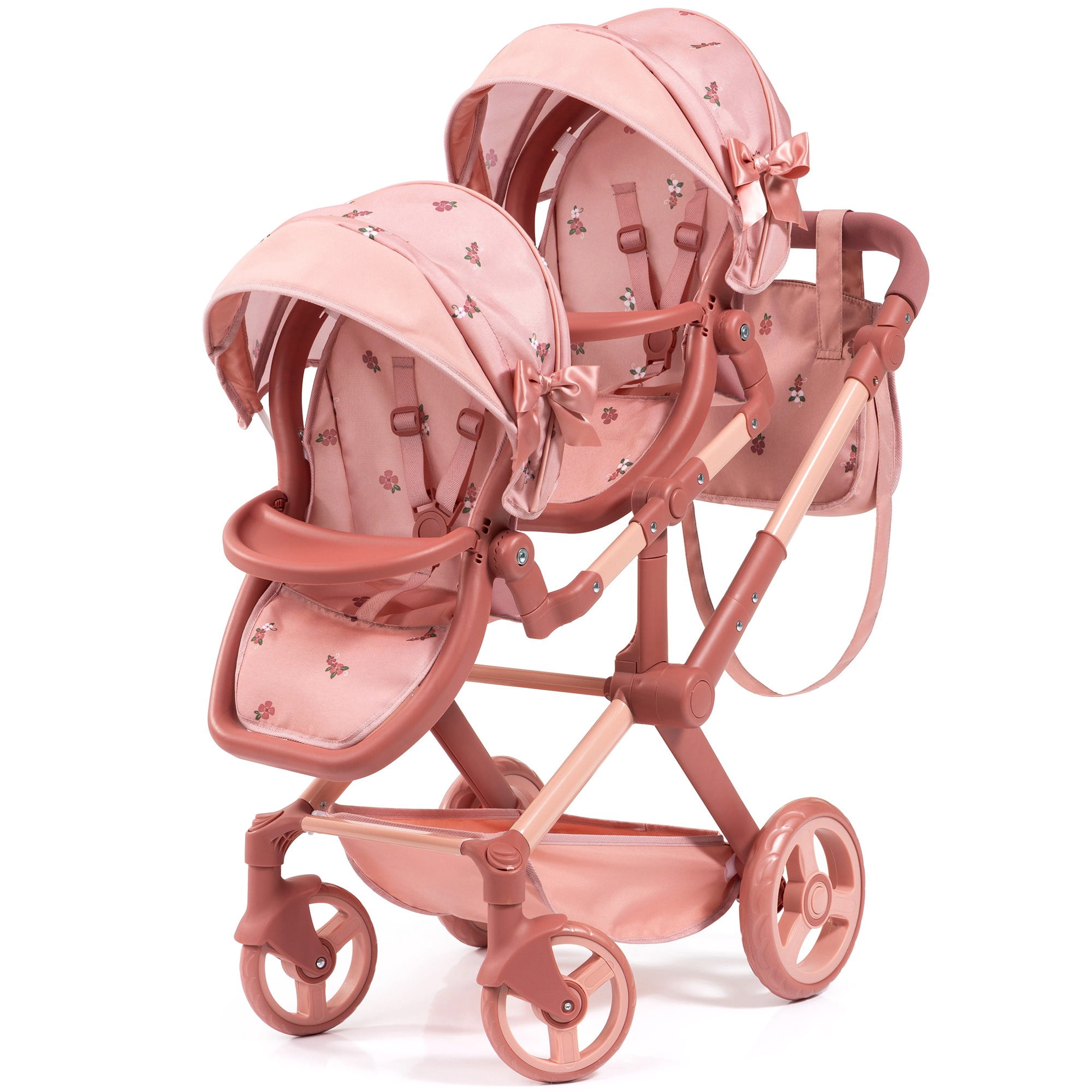 Bayer Design: Doll Pram Xeo Twin - Pink & Flowers - Play Push Stroller, 2 Adjustable Seats & Handle, Handbag, Toy Accessory Fits 18" Dolls, Kids 3+