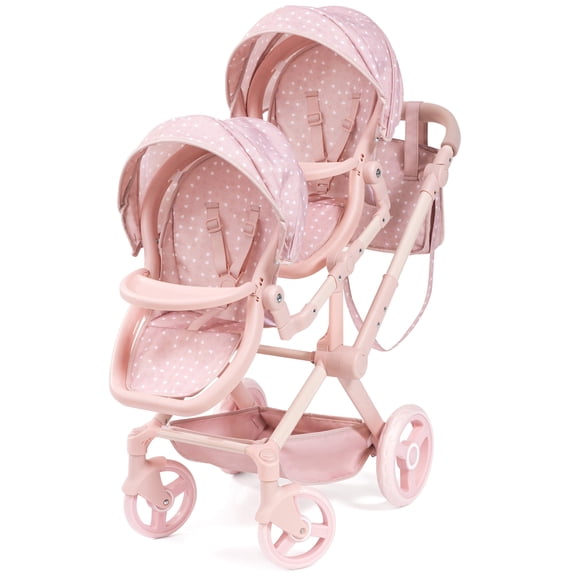Bayer Design: Doll Pram Xeo Twin - Soft Pink & Polka Dot - Push Stroller, 2 Adjustable Seats & Handle, Handbag, Toy Accessory Fits 18" Dolls, Kids 3+