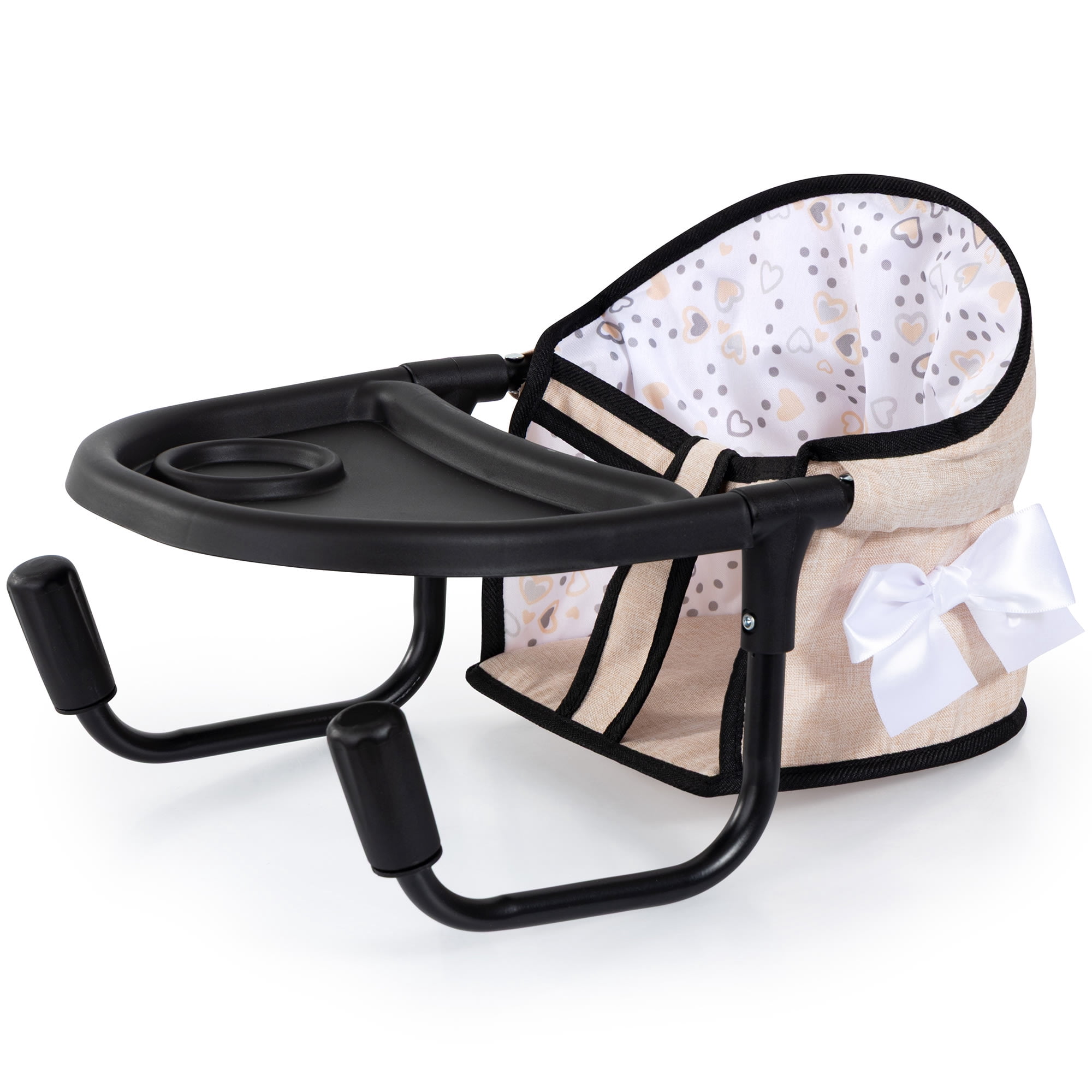 Bayer Design: Doll Table Seat - Beige-Black-Hearts - Attach To Table, Dining Tray, Play Feeding Center, Foldable, Toy Accessory Fits 18" Dolls, Kid 3+