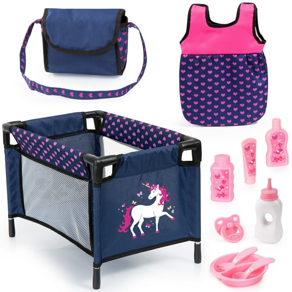 Bayer Design: Doll Travel Set - Navy-Pink-Unicorn - Sleep & Feeding Care Accessories For Dolls Up To 16", Portable Pen Bed, Nap Bag, Handbag, Kids 3+