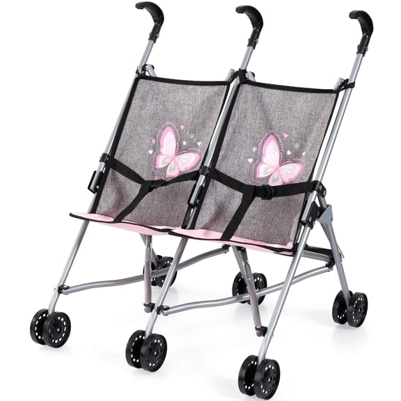 Bayer Design: Doll Twin Buggy - Pink-Grey-Butterfly- Umbrella Push Stroller, Foldable, Side-By-Side Seats, Play Toy Fits 18" Dolls, Kid-Toddler 18mo+