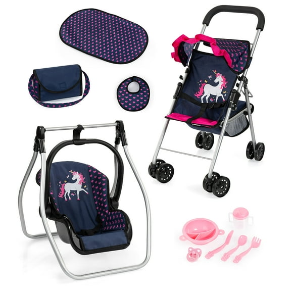 Bayer Design Dolls: 11 Piece Stroller Set - Navy, Pink, Hearts, Unicorn - Swing, Bag, Changing Mat, Feeding Accessories For Dolls, Kids Toy, Ages 3+