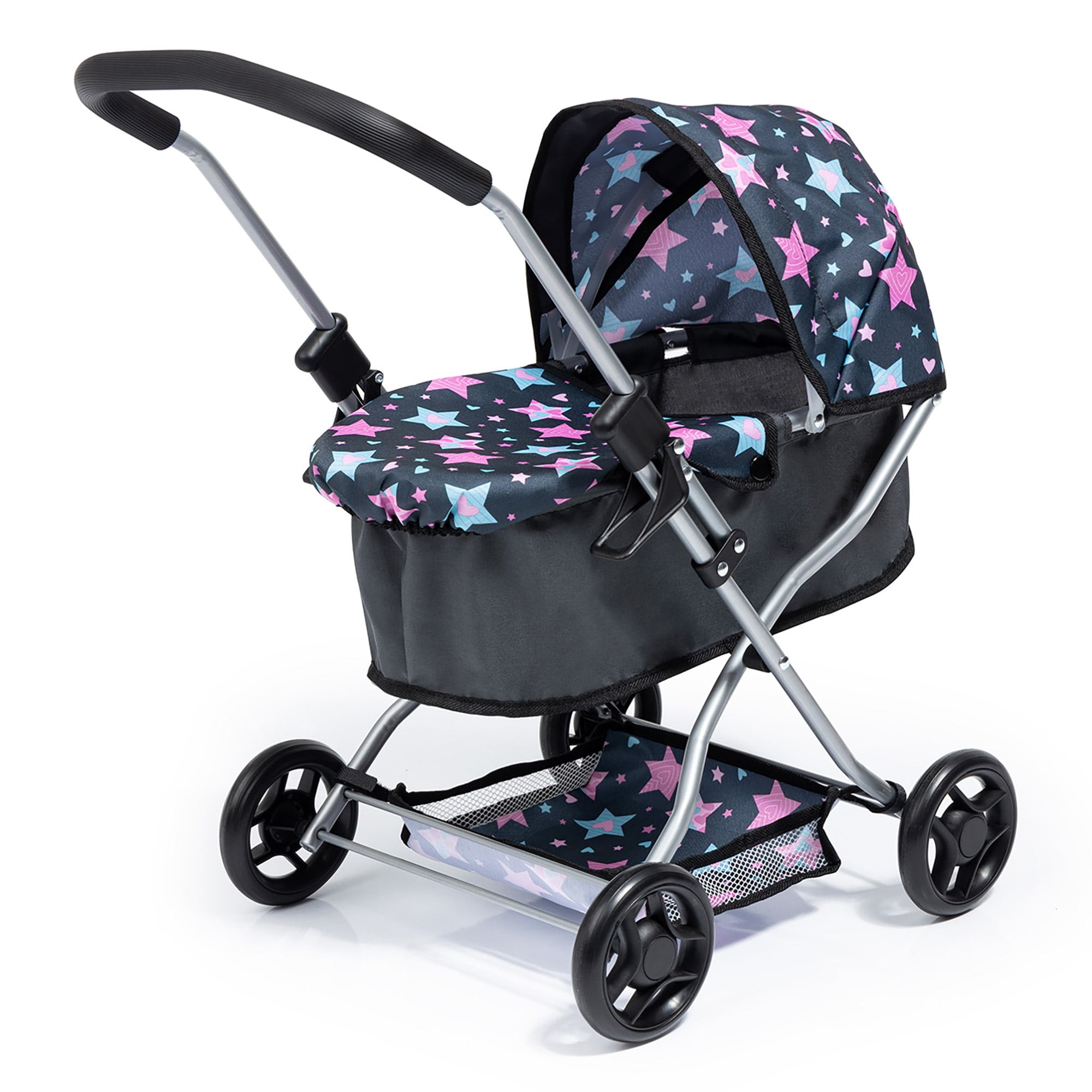 Bayer Design Dolls: Blue Pink, Stars Pram W/ Soft Adjustable Height Handle, Foldable, Integrated Basket, Children Ages 3+