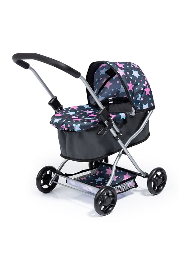Dolls: Blue Pink, Stars Pram W/ Soft Adjustable Height Handle, Foldable, Integrated Basket, Children Ages 3+