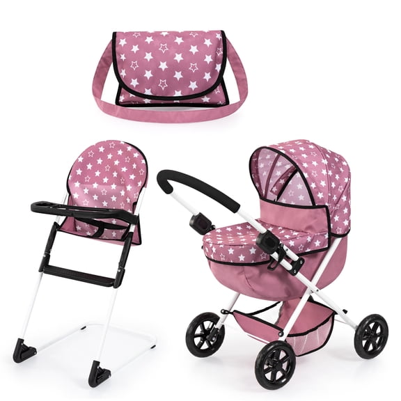 Bayer Design Dolls: Cozy 3 Piece Set - Pink, White, Stars - Folding Pram, Highchair, Shoulder Bag, Accessory Set For Dolls Up To 18", Kids Toy, Age 3+