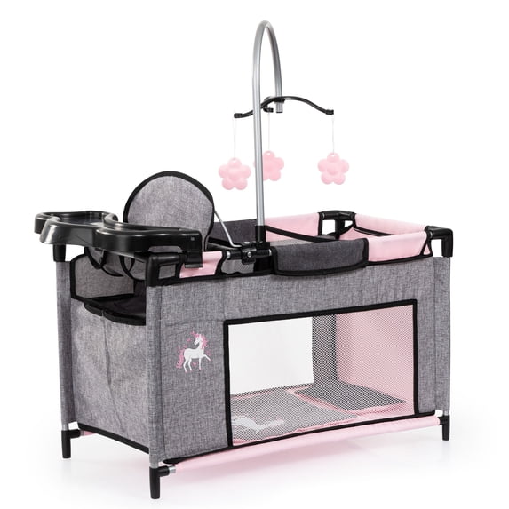 Bayer Design Dolls: Multi-Bed - Grey, Pink, Fairy - Playpen Accessory For Dolls Up To 18", Built-In Highchair & Mobile, Pillow & Blanket, Kids Age 3+