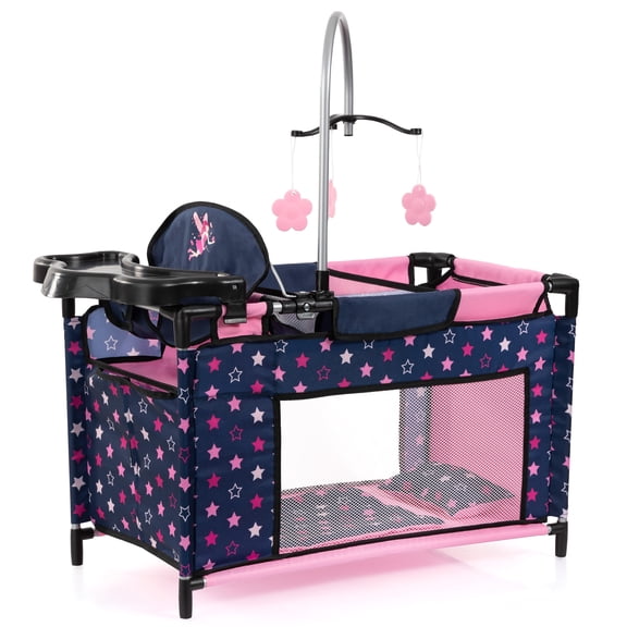 Bayer Design Dolls: Multi-Bed - Navy, Pink, Fairy, Stars - Playpen For Dolls Up To 18", Built-In Highchair & Mobile, Pillow & Blanket, Kids Toy Age 3+