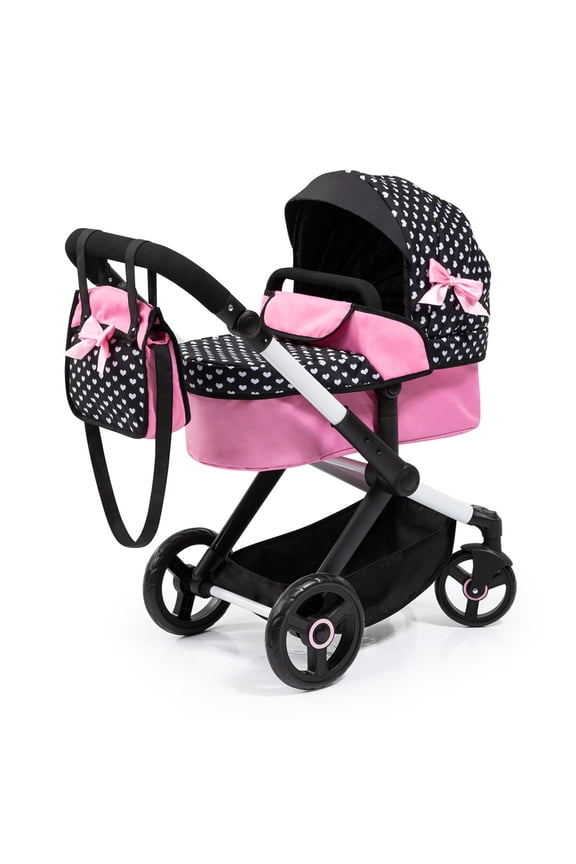 Dolls: Pram Xeo: Hearts Black & Pink - Matching Handbag, Adjustable Handle, For Dolls Up To 20", Ages 3+