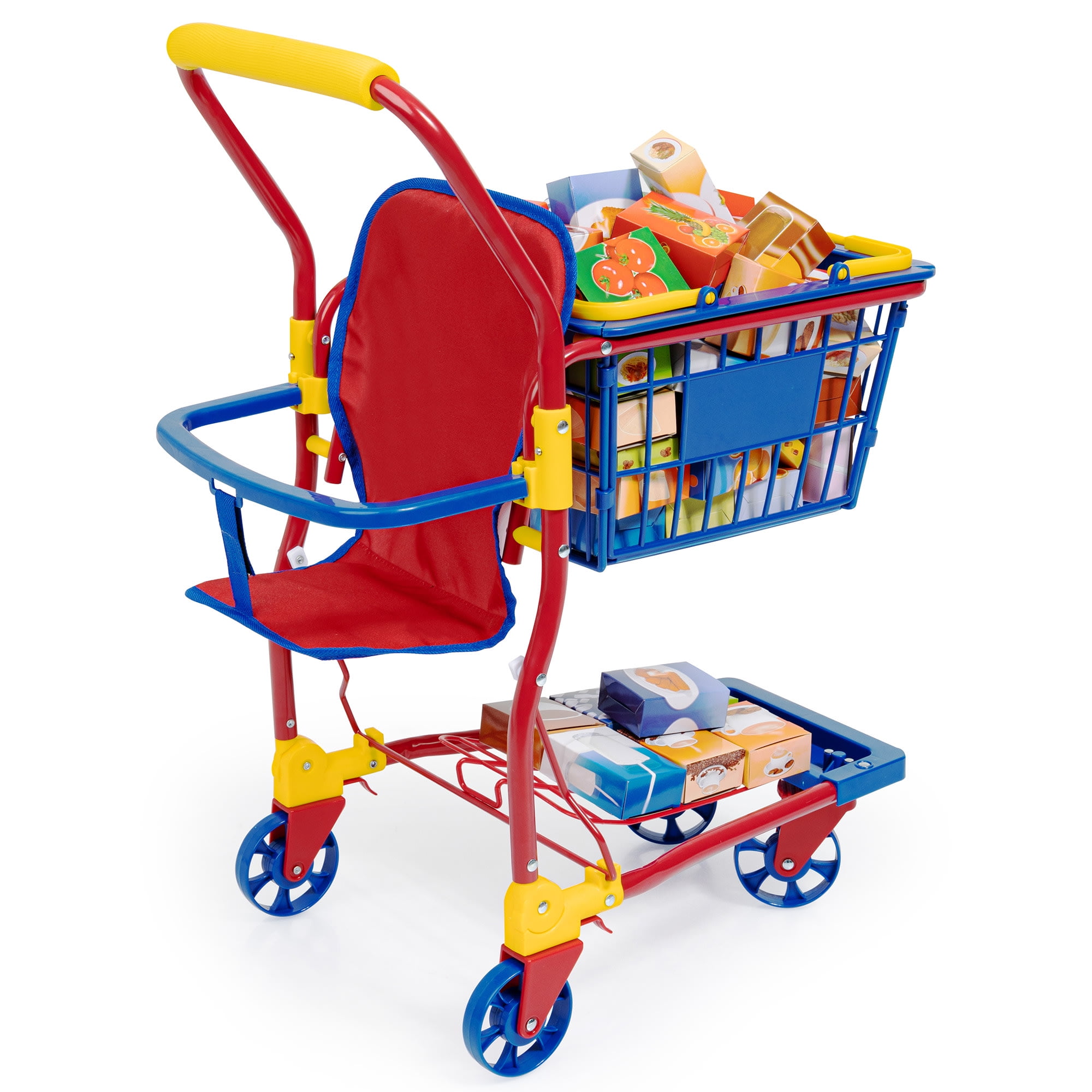 Bayer Design Dolls: Shopping Cart & Accessories - 61pcs - Blue, Red, Yellow - Doll Seat,  Boxed Food Accessories, Removable Basket, Kids Toy, Ages 3+