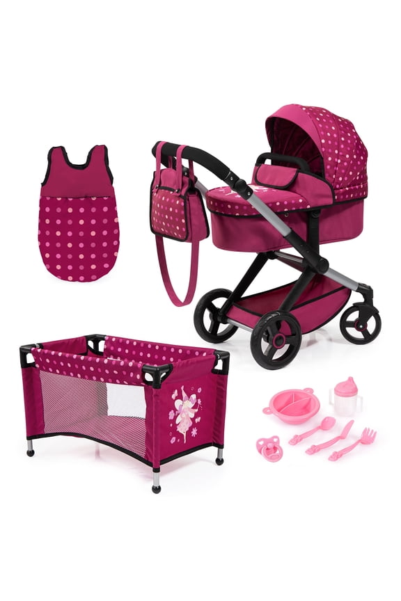 Dolls: Xeo Mega 10pc Set - Hot Pink, Dots , Fairy - Pram, Bed, Handbag, Feeding & Care Accessories For Dolls Up to 18", Kids Toy, Ages 3+