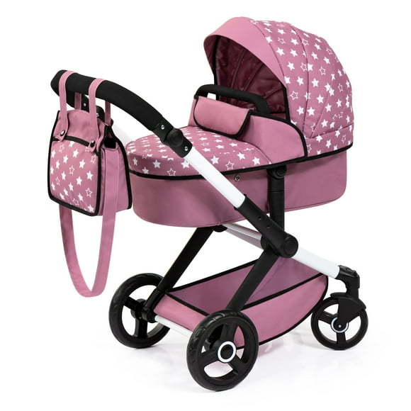 Bayer Design Dolls: Xeo Pram - Pink, White, Stars - Dolls Up To 18", Shoulder Bag, Convertible To Pushchair, Adjustable Handle, Foldable, Kids Ages 3+