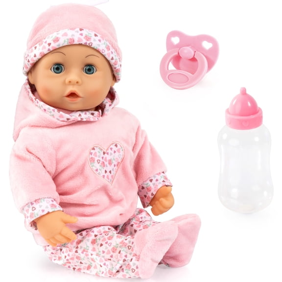 Bayer Design: First Words Baby - Pink Hearts Hoodie Outfit, 15" Soft Body Doll, Makes 24 Sounds, Sleepy Eyes, Cap-Bottle-Pacifier, Kid-Toddler 18mo+
