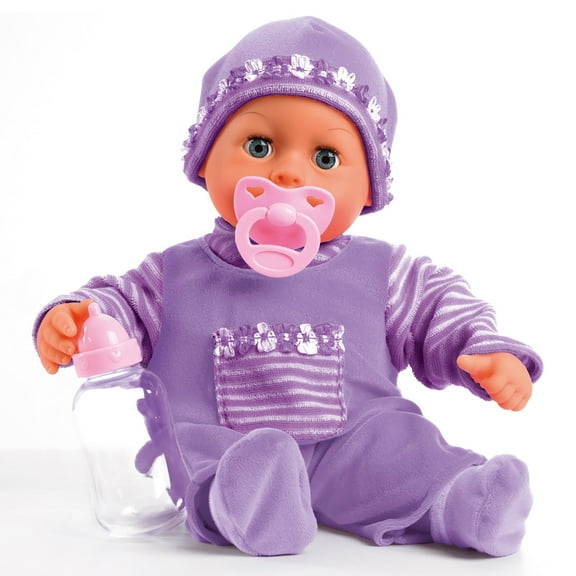 Bayer Design: First Words Baby - Purple & Flowers - 15" Soft Body Doll, 24 Realistic Sounds, Sleepy Eyes, Bottle & Pacifier, Play, Kids-Toddlers 10mo+