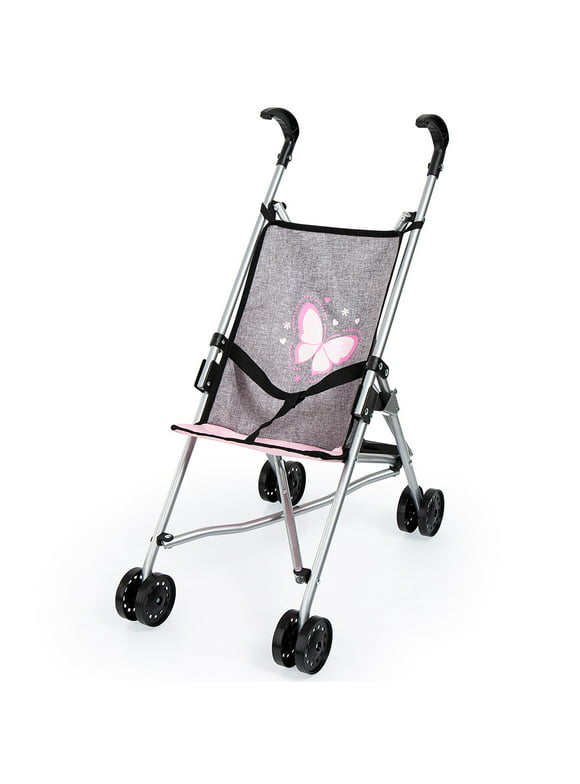 Bayer Design Grey Doll Umbrella Stroller - Dolls up to 18",  W/ Seat Belt & Double Wheels, Pretend Play, Kids 3+