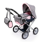 Bayer Design Grey/Pink Doll Pram City Star W/ Handbag, Convertible to a Pushchair, Adjustable Handle, Foldable, Integrated Basket, Ages 3+