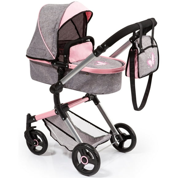 Bayer Design: Pram City Vario Stroller - Gray & Pink Butterfly - Accessory For Dolls Up To 20", Matching Shoulder Bag, Converts To Jogger, Kids 3+