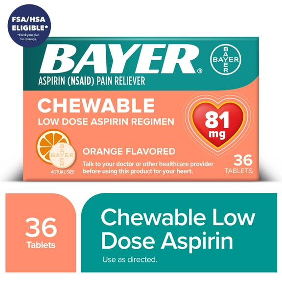 Bayer Low Dose Chewable 81mg Aspirin Tablets, Orange, 36 Count