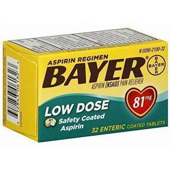 Bayer Pain Reliever Low Dose Ente-ric Coated Tablets 81mg 32 ct Pack of 2