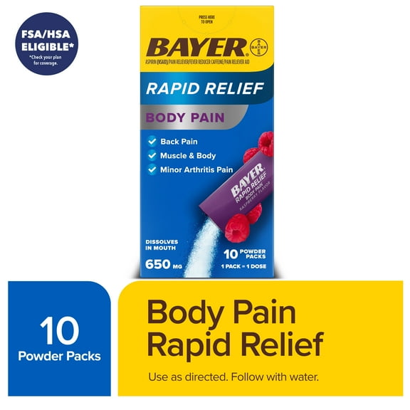 Bayer Rapid Relief Body Pain Powder Packs with Aspirin & Caffeine, Raspberry Flavor, 10 Count