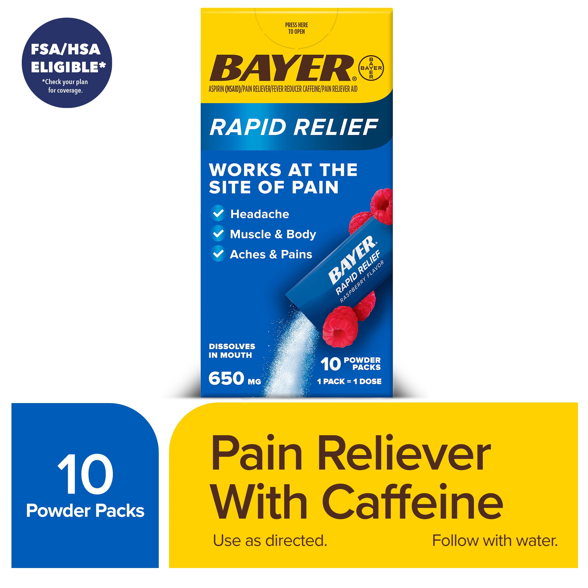 Bayer Rapid Relief Powder with Aspirin & Caffeine, Raspberry Flavor, 10 Count