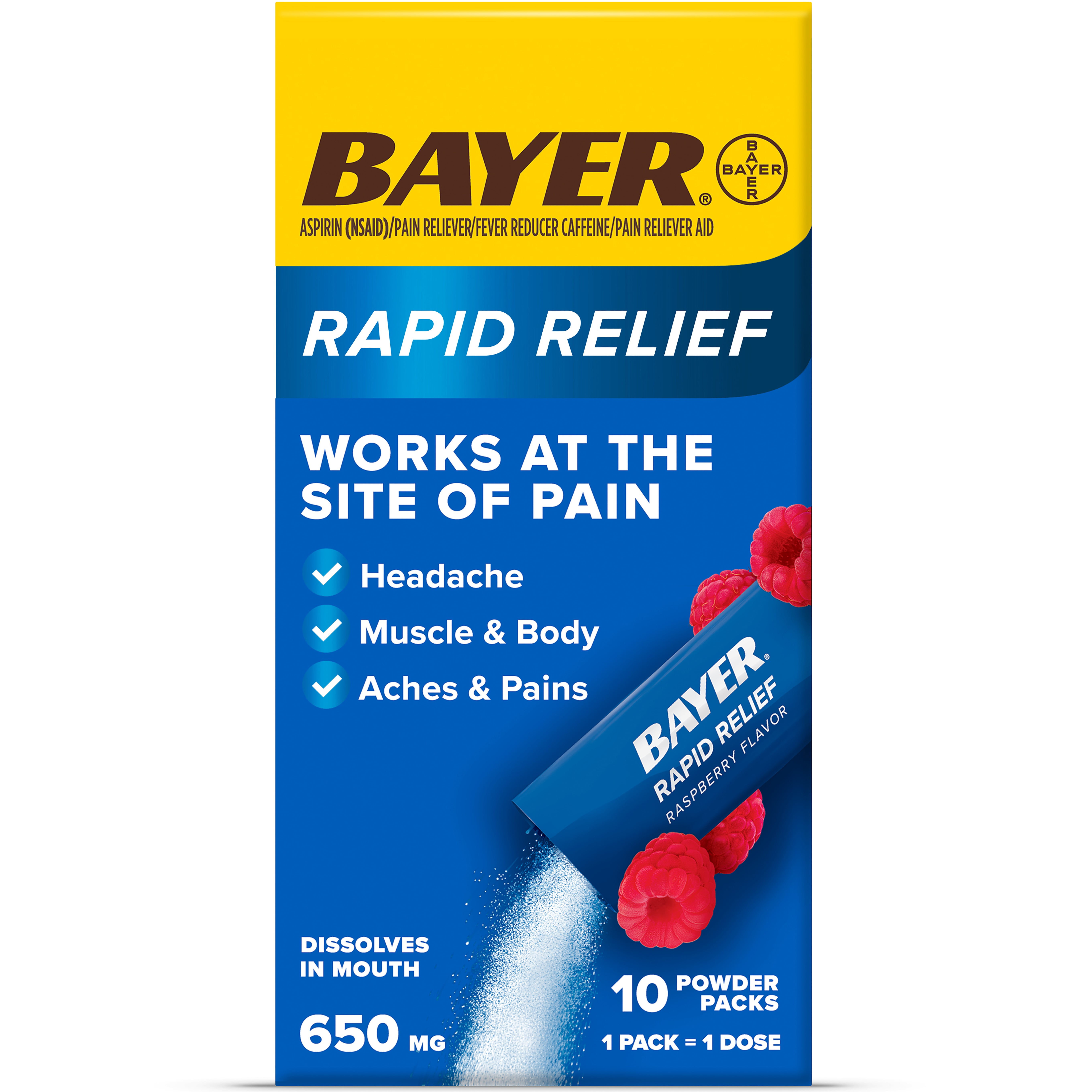 Bayer Rapid Relief Powder Packs with Aspirin & Caffeine, Raspberry Flavor, 10 Count
