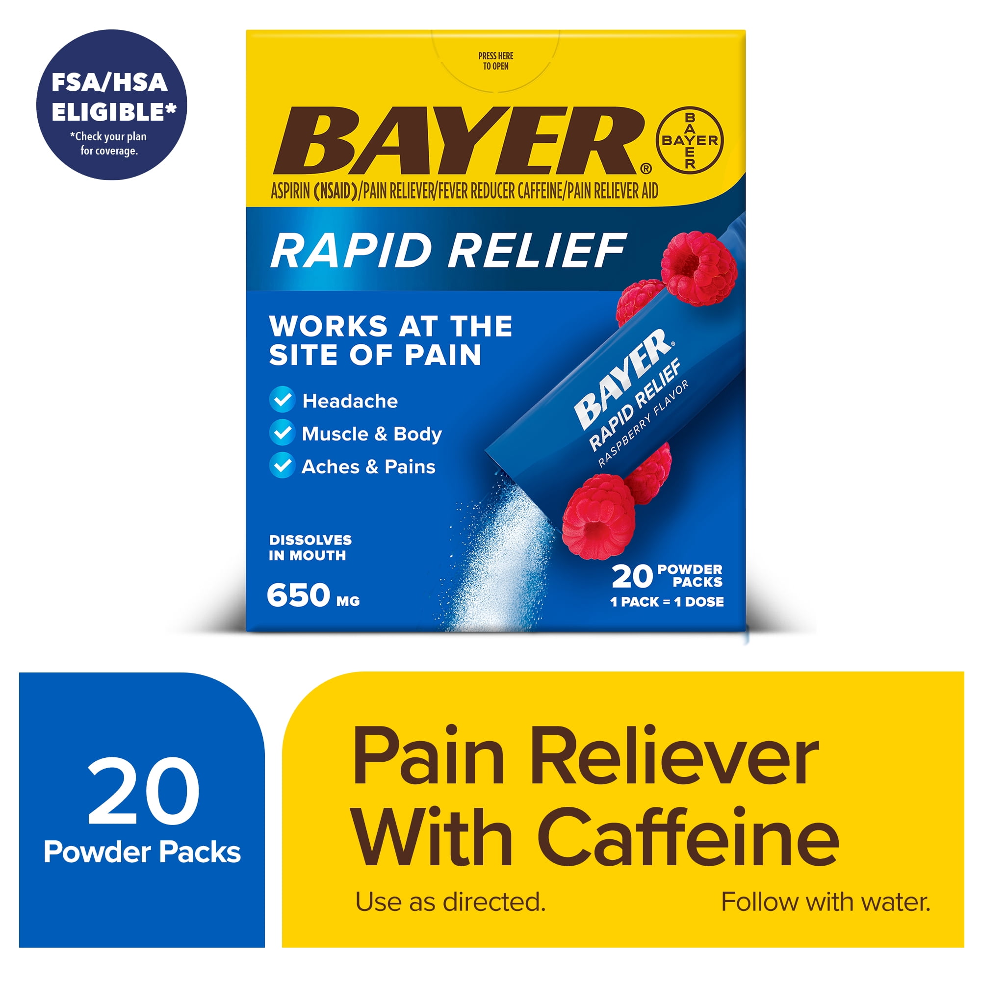 Bayer Rapid Relief Powder Packs with Aspirin & Caffeine, Raspberry Flavor, 20 Count