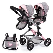 Bayer Twin Doll Pram Neo with Adjustable Height Handle and Flexible Sun Covers, Grey Pink with Butterfly Design, Foldable and Space-Saving for Up to 18 Dolls