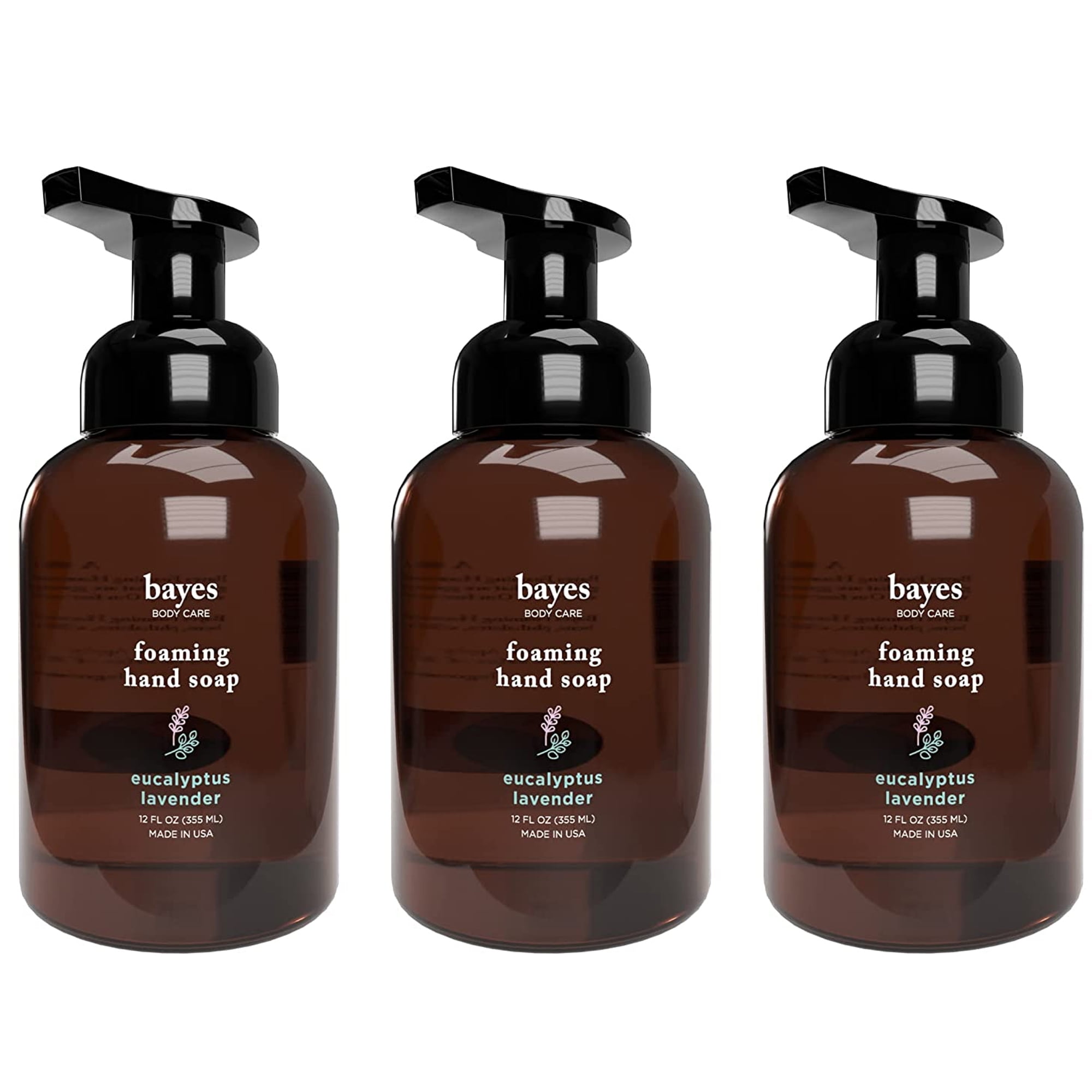 Bayes Foaming Hand Soap Moisturizing Plant-Derived Essential Oil Infused Hand Wash with Eucalyptus Lavender Scent, 12 Oz 3 Pack