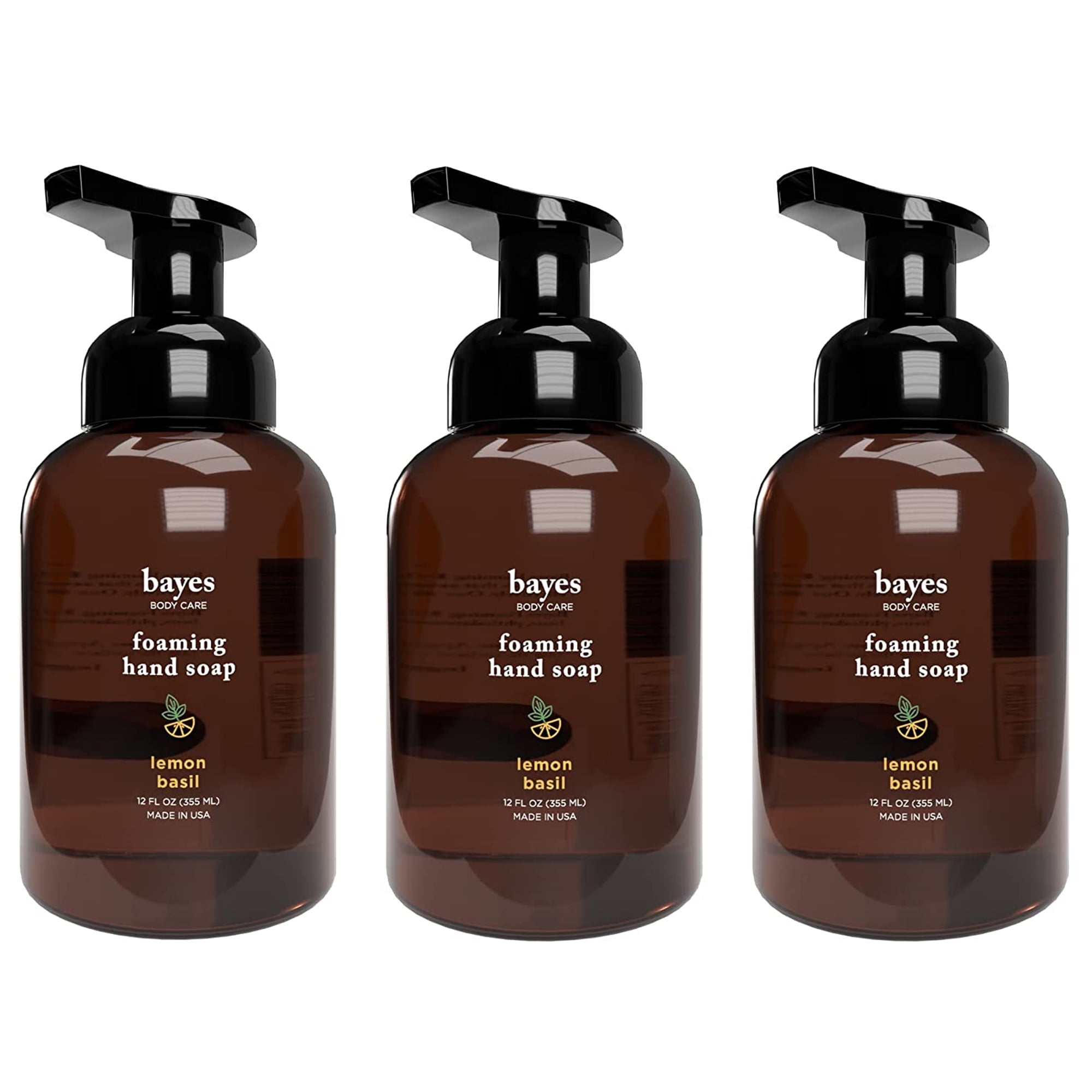 Bayes Foaming Hand Soap Moisturizing Plant-Derived Essential Oil Infused Hand Wash with Lemon Basil Scent, 12 Oz 3 Pack